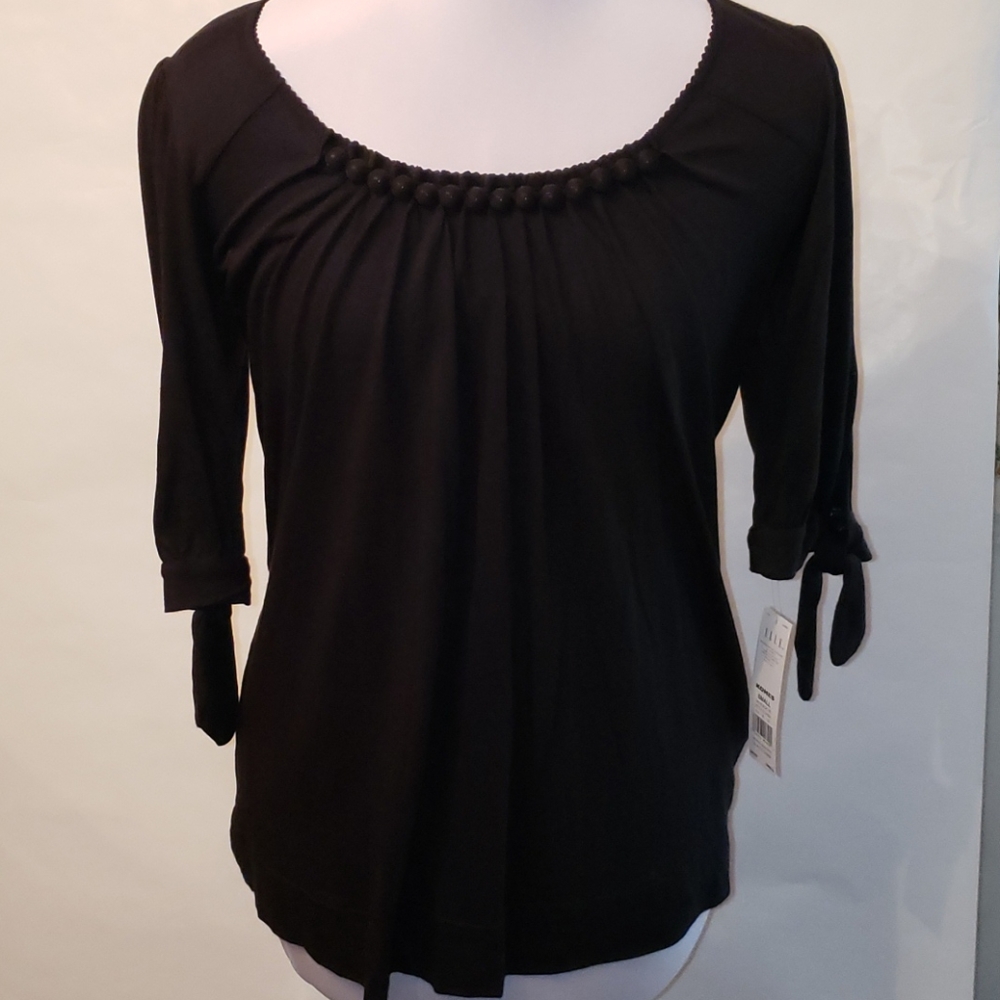 NWT Elle Black Tie Sleeve Beaded Neck Top Small